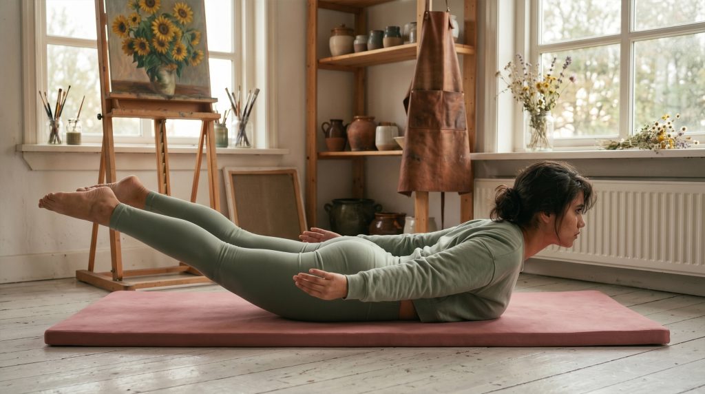 Woman performing a home workout exercise in a living room