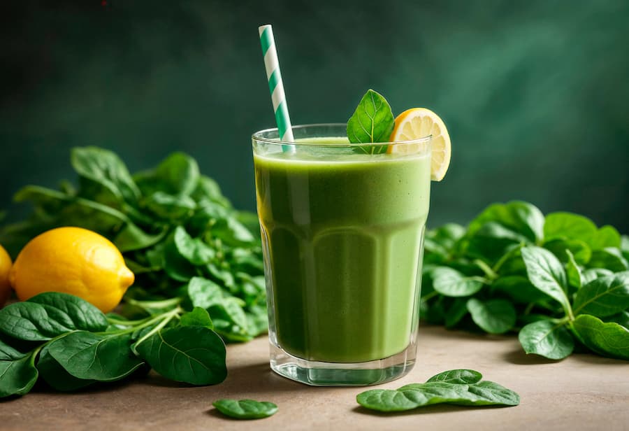 Green smoothie with fresh spinach and lemon slices