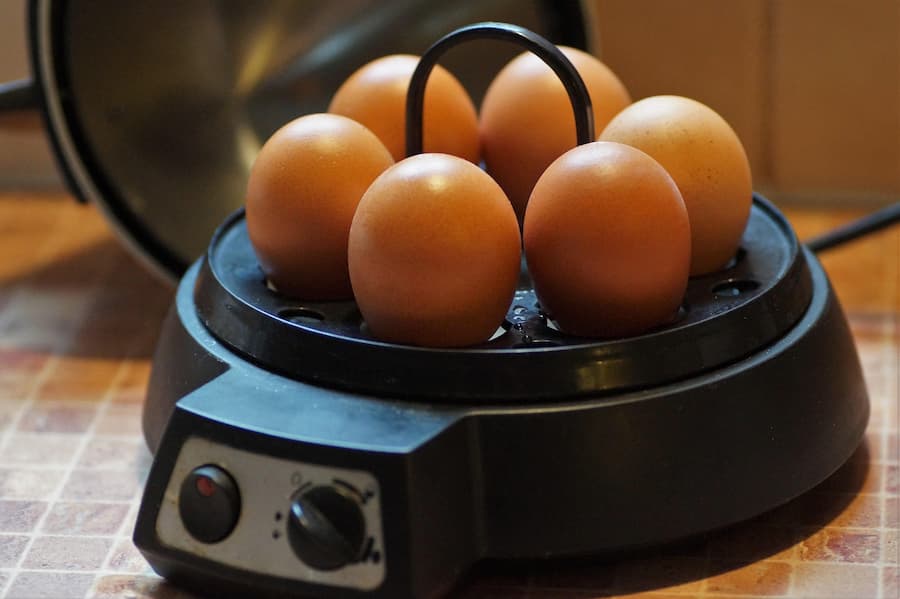 Electric egg cooker with six brown eggs on the heating plate