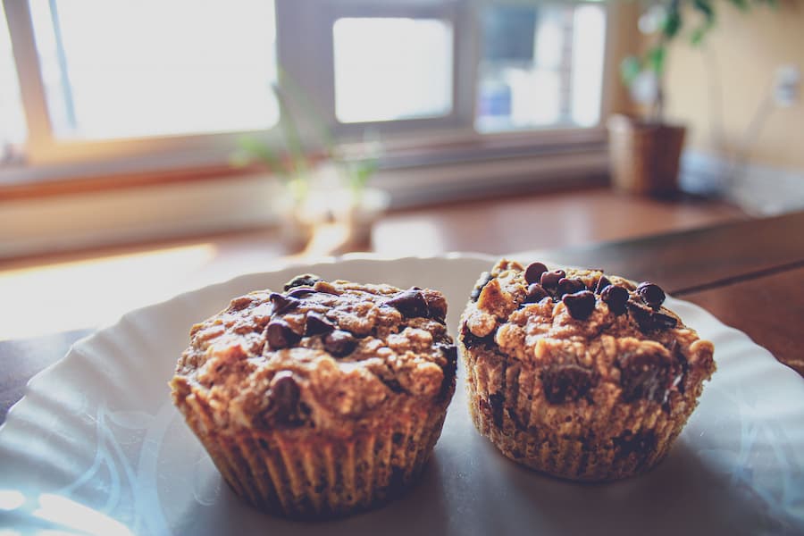 Homemade oatmeal muffins topped with chocolate chips