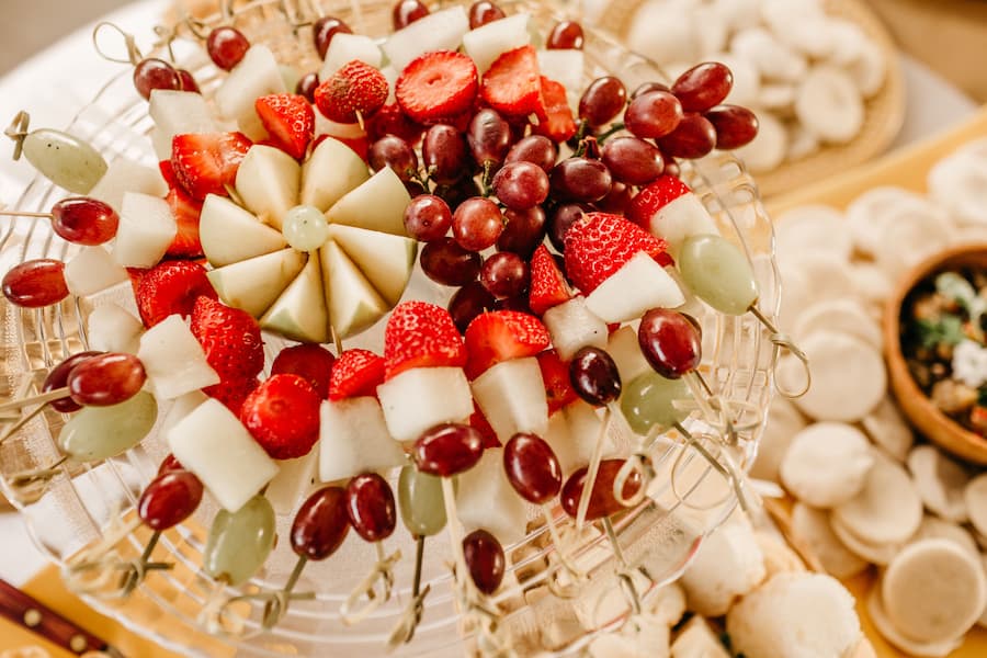 fruit skewers with strawberries, grapes and melon healthy snack for kids