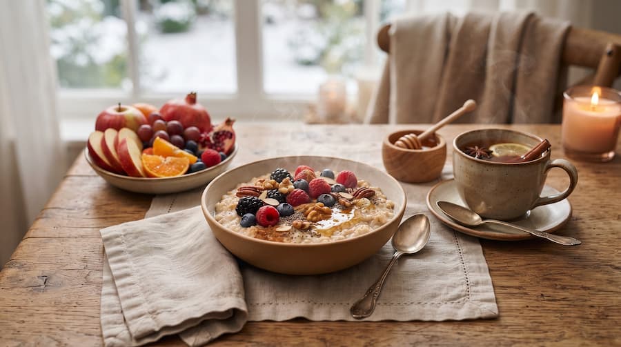 Bowl of oatmeal topped with fresh berries on a wooden table