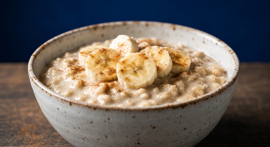 warm oatmeal in a bowl topped with banana slices and cinnamon